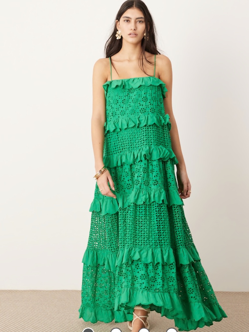NWT Heyson Green Cotton Eyelet Lace Mix Cut Out Back Tie Shoulder Maxi Dress
